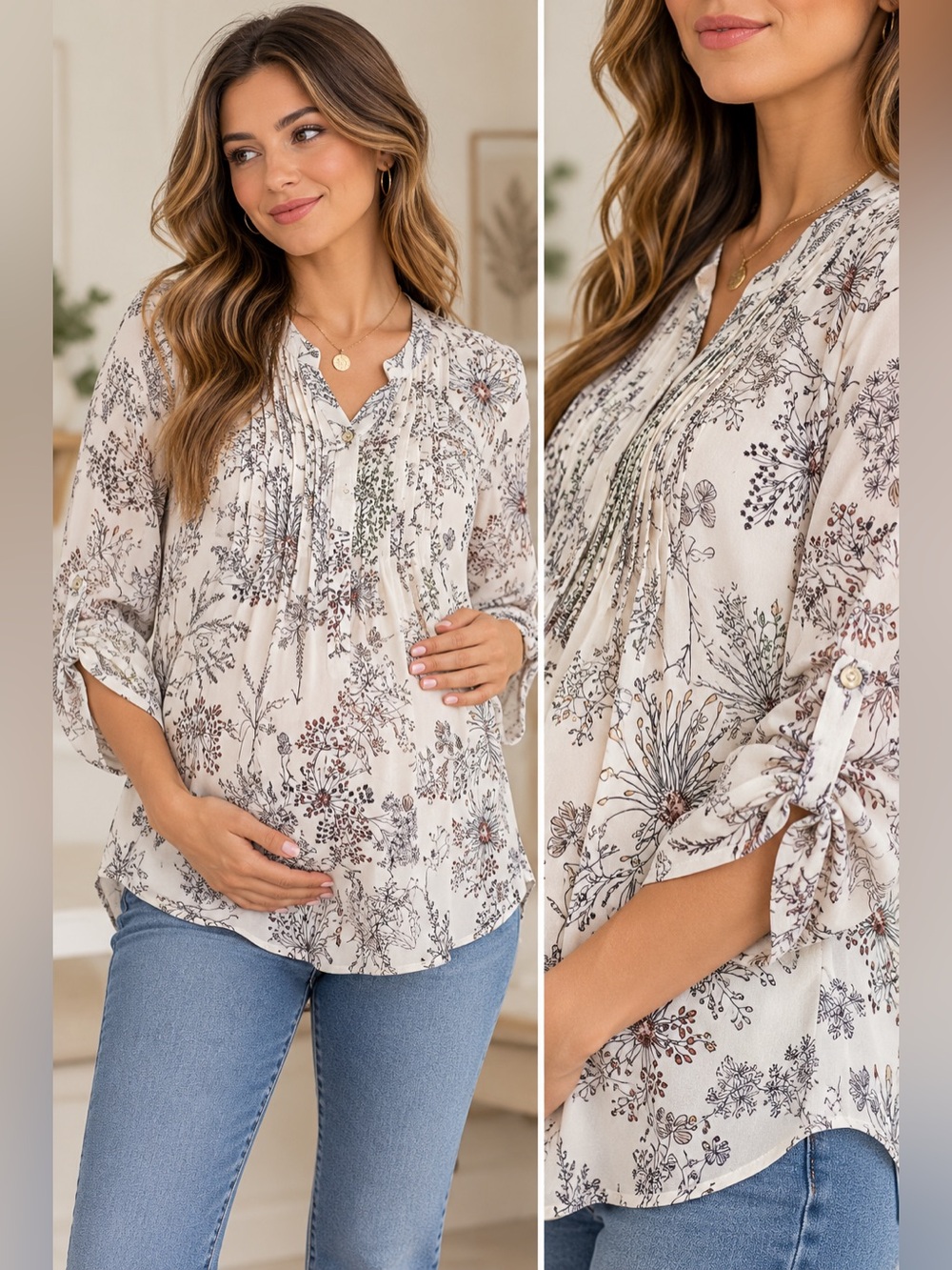 Motherhood Maternity Blouse Women's Size Medium Ivory Floral Print Relax Button